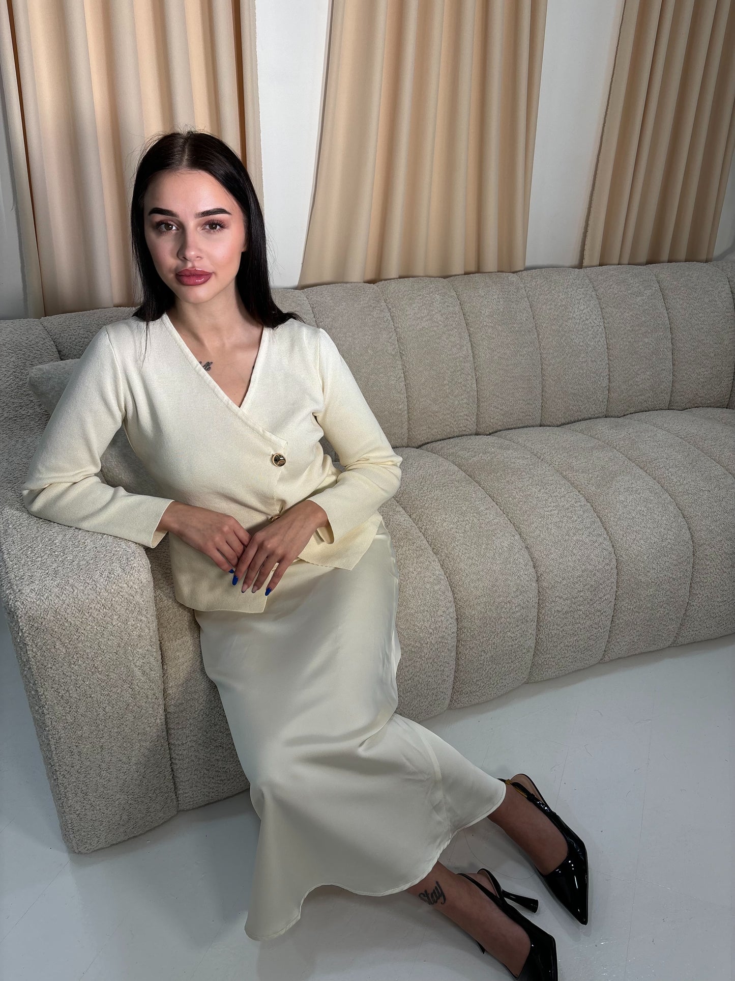 Gold Button Knit Cardigan - White