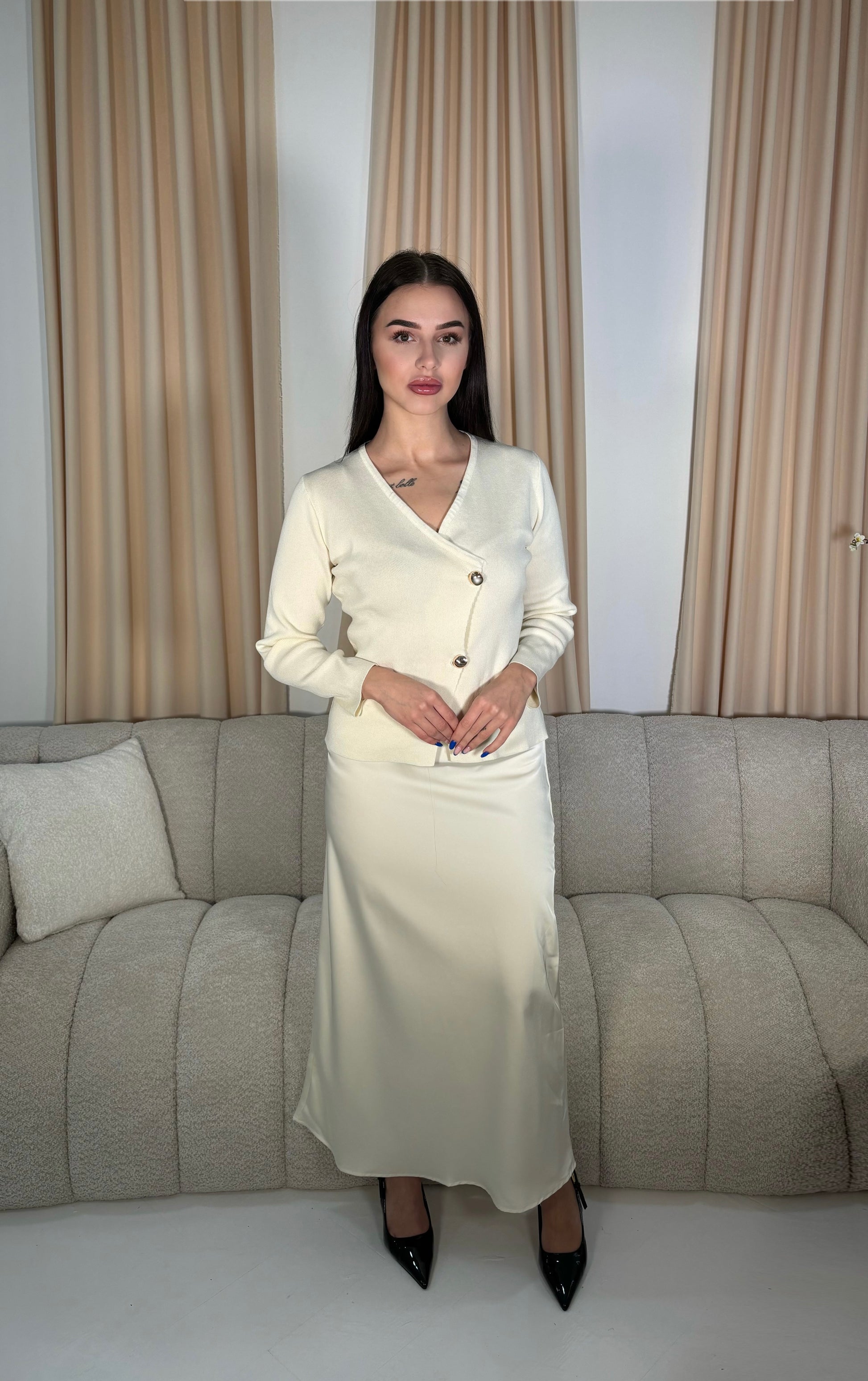 Gold Button Knit Cardigan - White Modeste Muse Gold Button Knit Cardigan - White Modeste Muse
