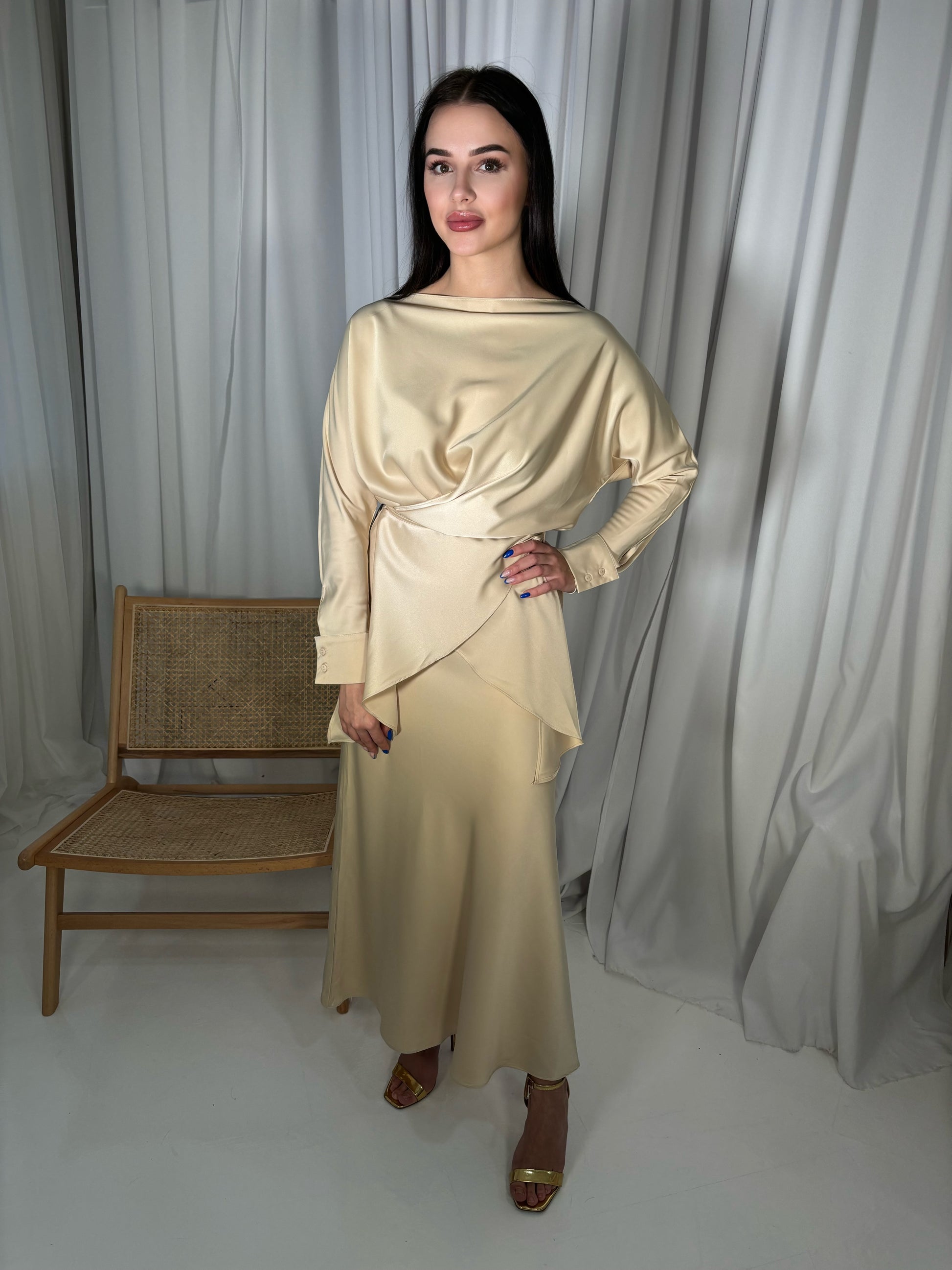Gold Wrap Satin Dress Modeste Muse Gold Wrap Satin Dress Modeste Muse